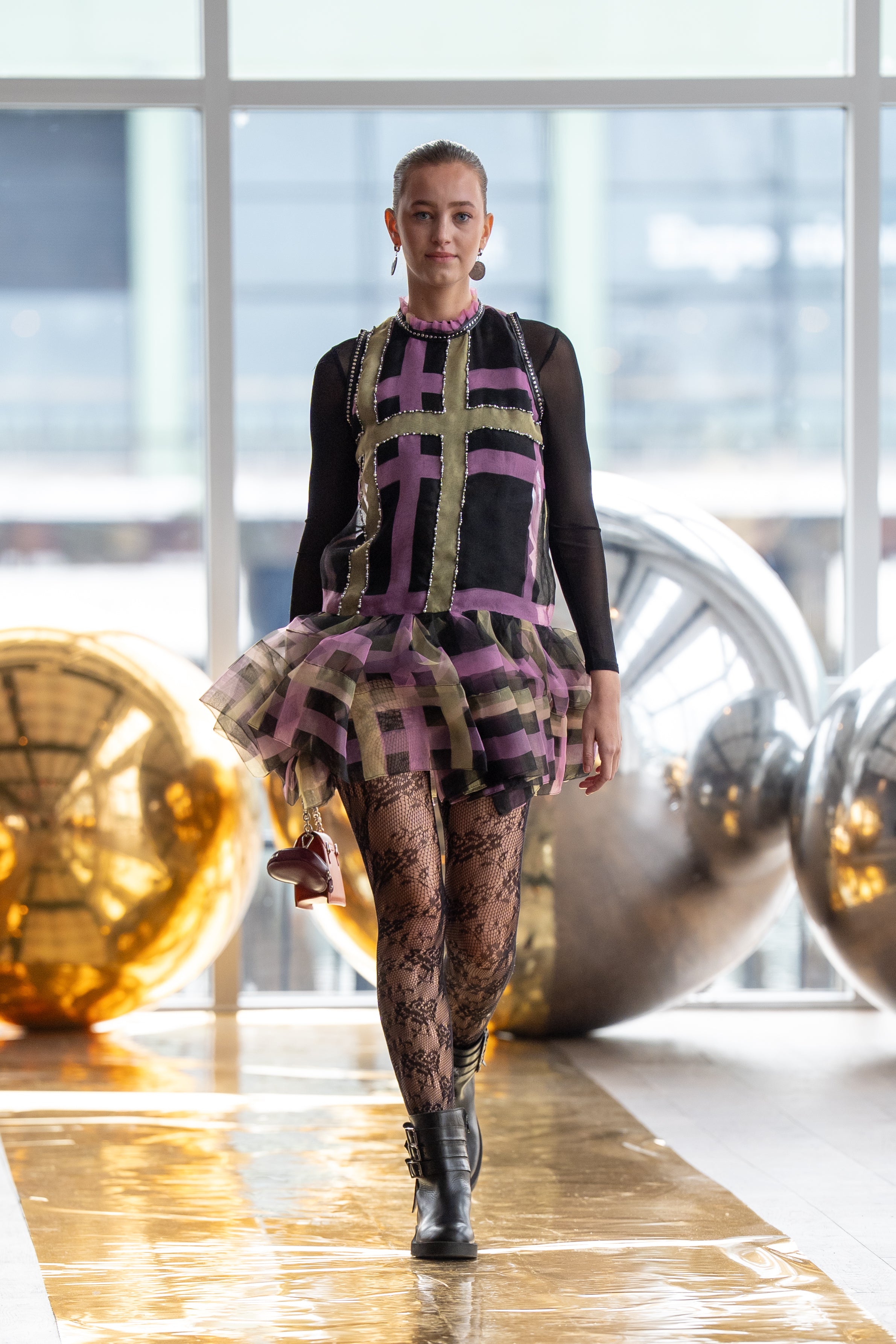 Paris Plaid Sheer Organza Drop-Waist Dress