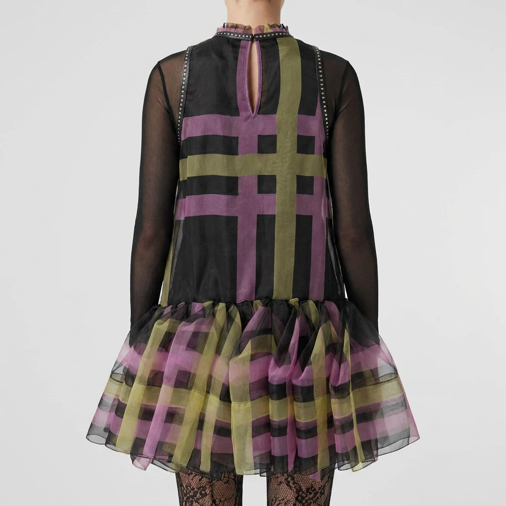 Paris Plaid Sheer Organza Drop-Waist Dress