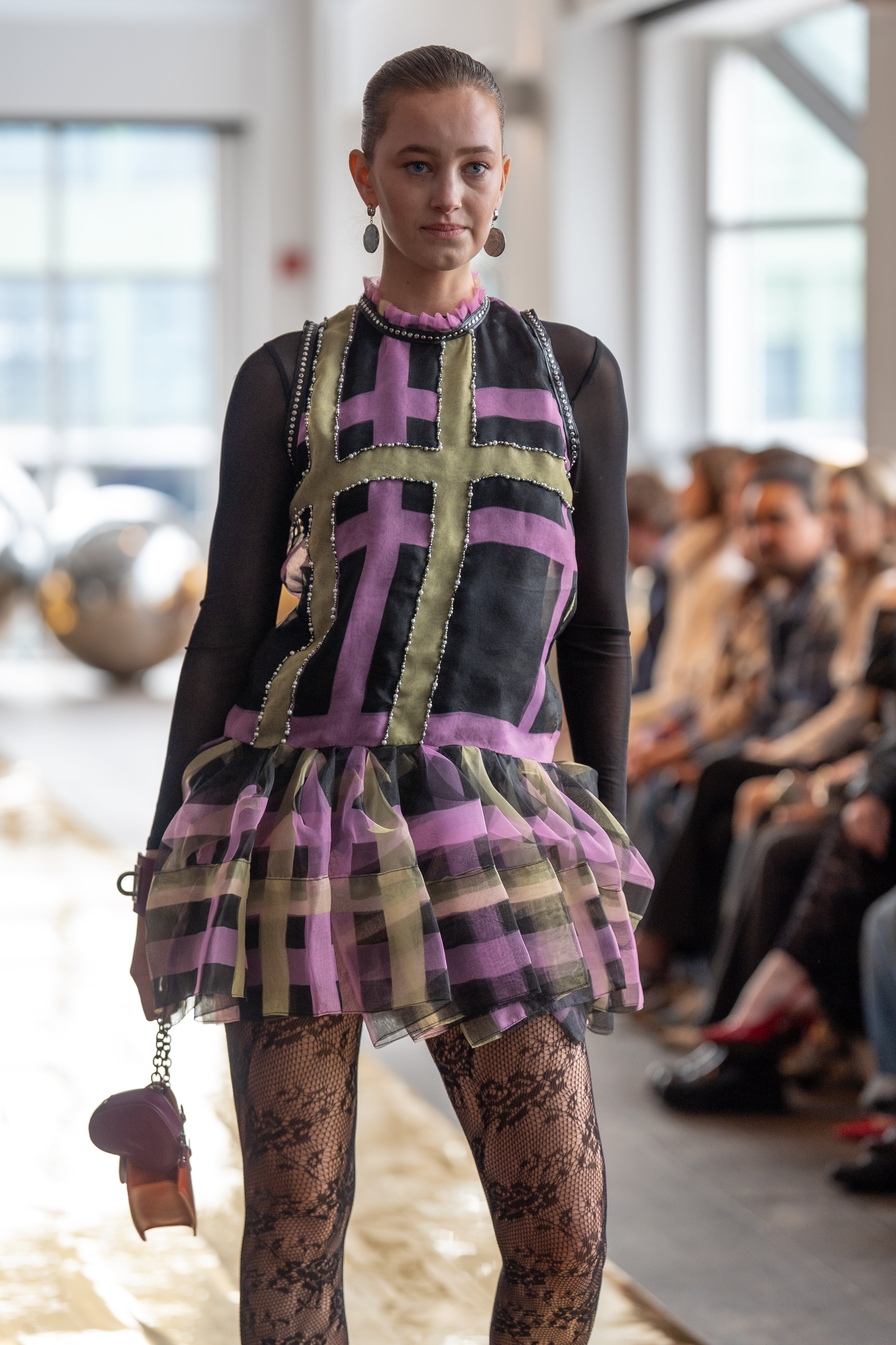 Paris Plaid Sheer Organza Drop-Waist Dress