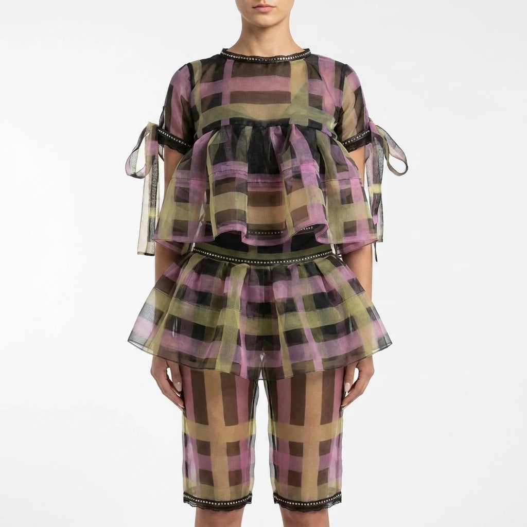 Paper Dolls Sheer Plaid Organza Peplum Pants