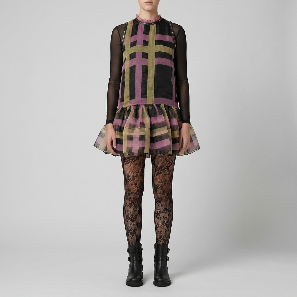 Paris Plaid Sheer Organza Drop-Waist Dress